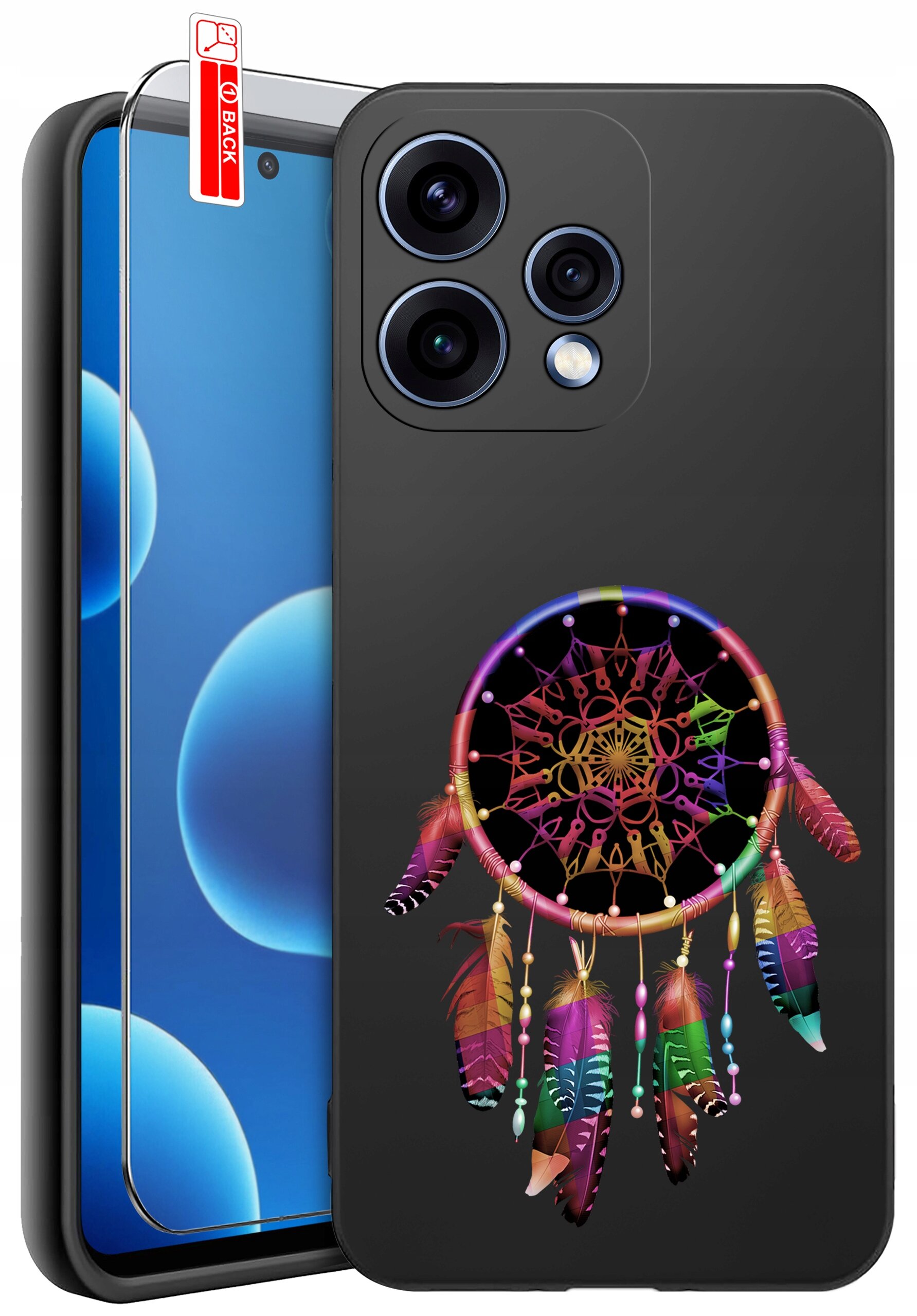 Czarne etui na telefon z kolorowym wzorem łapacza snów, obok znajduje się szkło ochronne z napisem \'BACK\'.