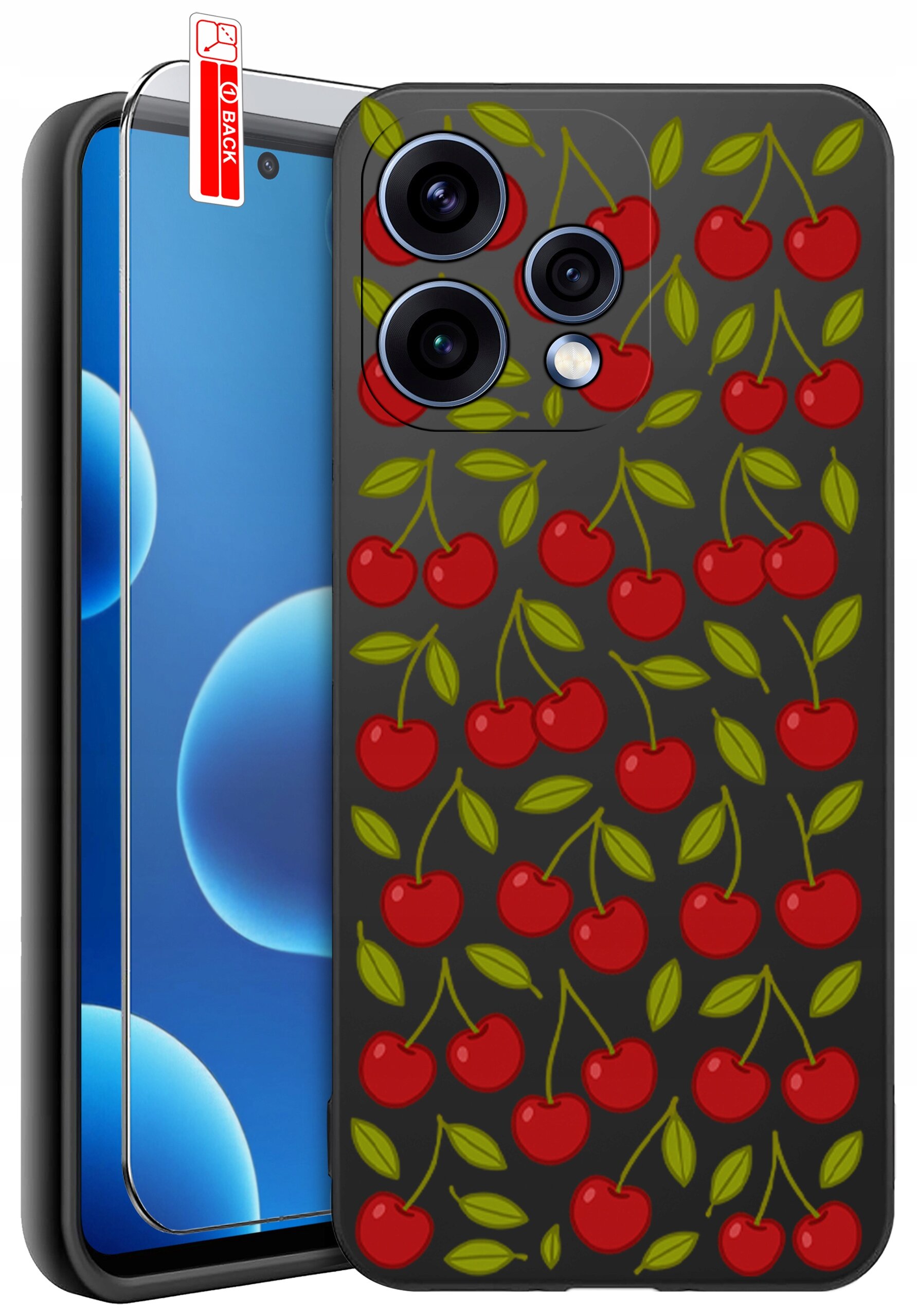 Etui na telefon z wzorem czerwonych wiśni i zielonych liści na ciemnym tle. Obok etui znajduje się szkło ochronne z oznaczeniem \'BACK\'.