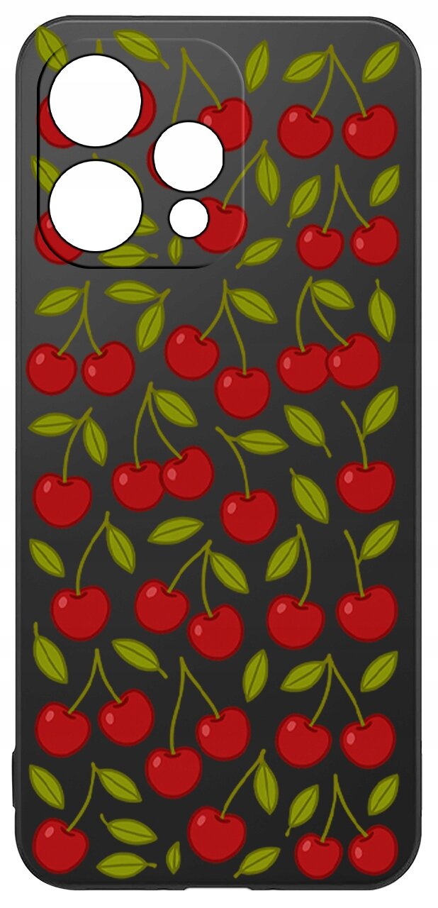 Etui na telefon z czarnym tłem ozdobione wzorem czerwonych wiśni z zielonymi liśćmi. W lewym górnym rogu znajdują się cztery wycięcia na aparat.