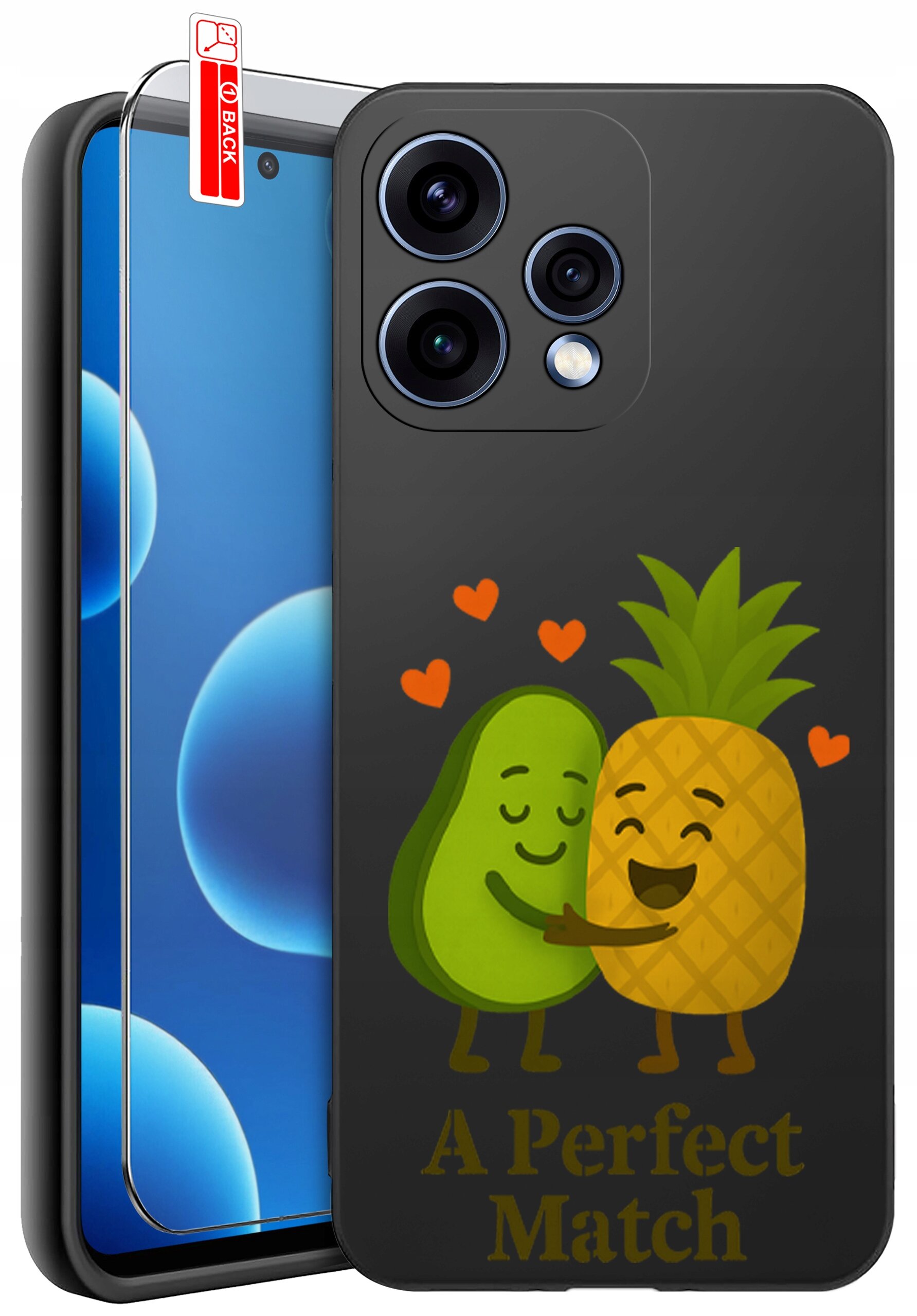 Na obrazie widoczne jest czarne etui na telefon z grafiką przedstawiającą awokado i ananasa przytulających się, otoczonych serduszkami. Pod grafiką znajduje się napis \'A Perfect Match\'.