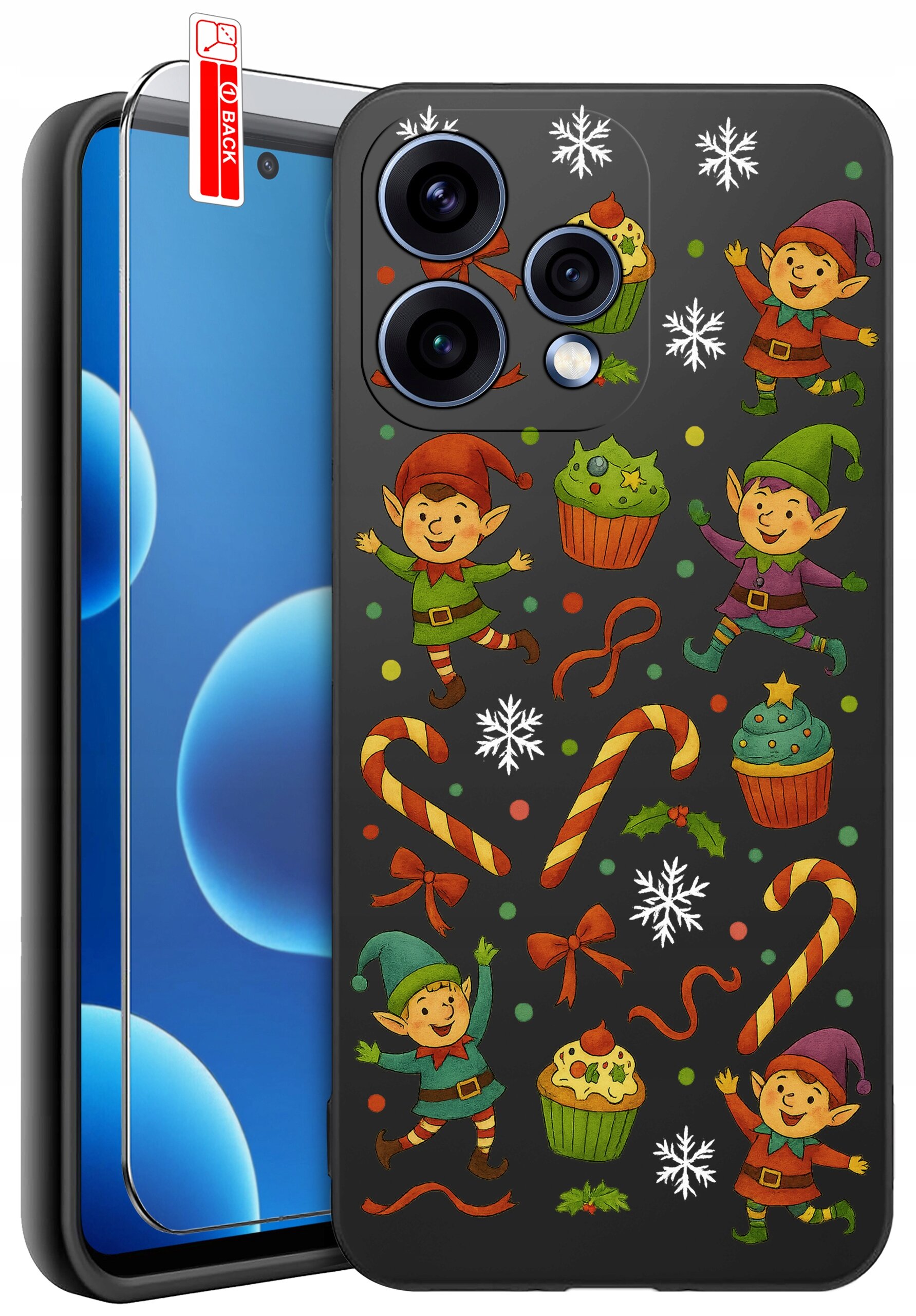 Etui na telefon z kolorowym wzorem przedstawiającym elfy, laski cukrowe, babeczki i śnieżynki. Obok etui znajduje się szkło ochronne z napisem \'BACK\'.