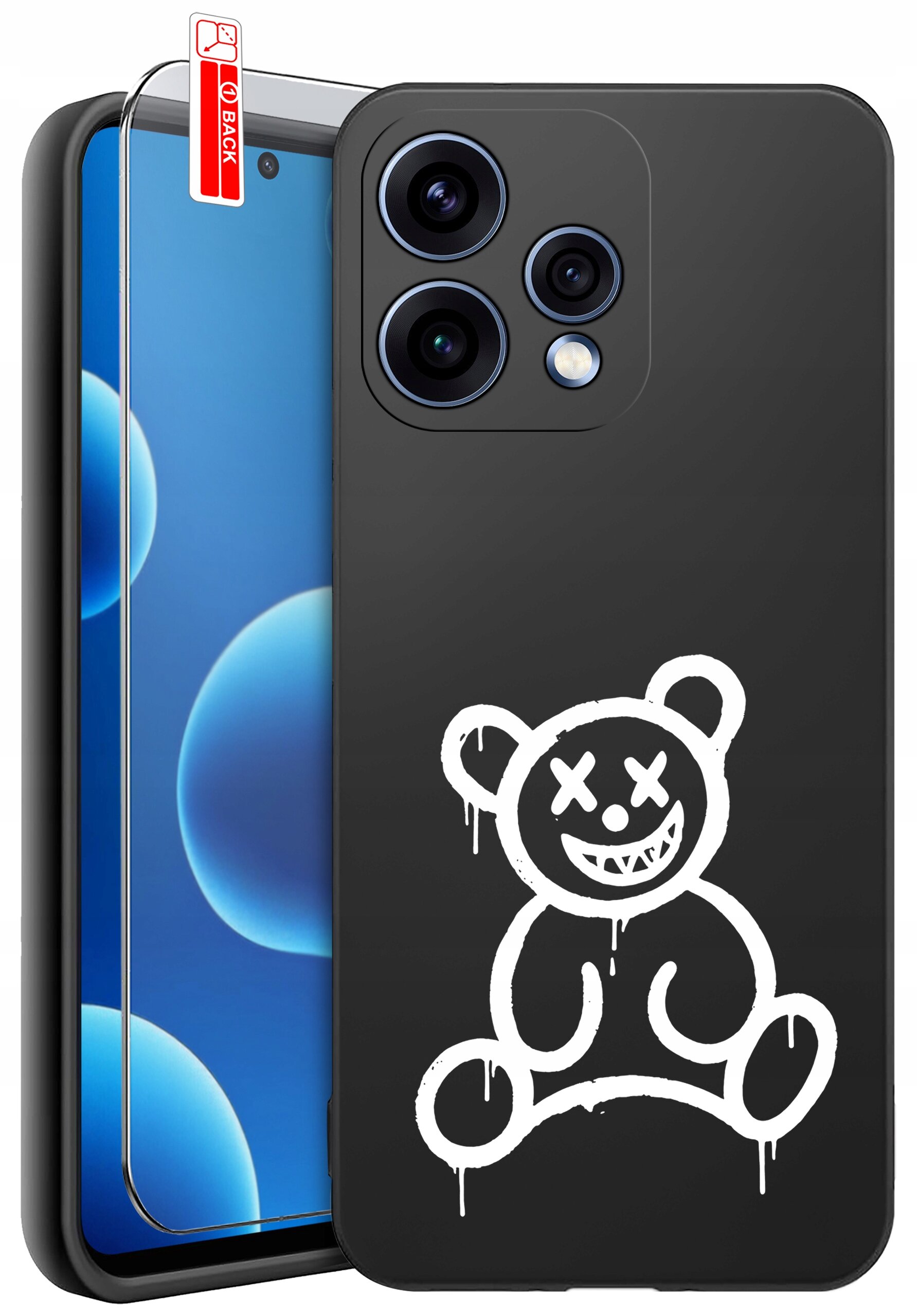 Czarne etui na telefon z białym rysunkiem misia o skrzyżowanych oczach i szerokim uśmiechu. Obok znajduje się szkło ochronne z czerwoną naklejką \'BACK\'.