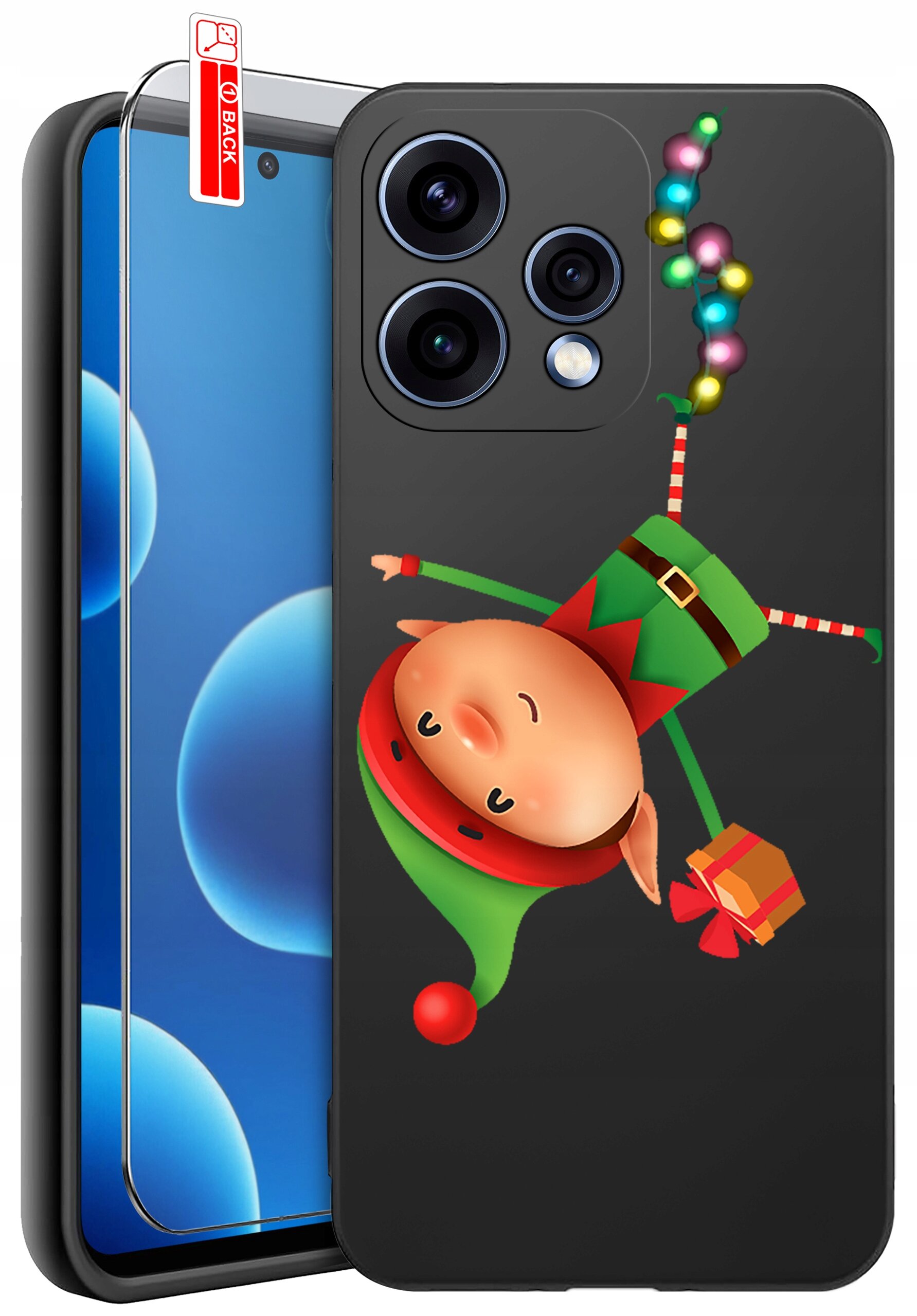 Etui na telefon z grafiką przedstawiającą elfa w zielono-czerwonym stroju, trzymającego prezent. Obok znajduje się szkło ochronne z oznaczeniem \'BACK\'.
