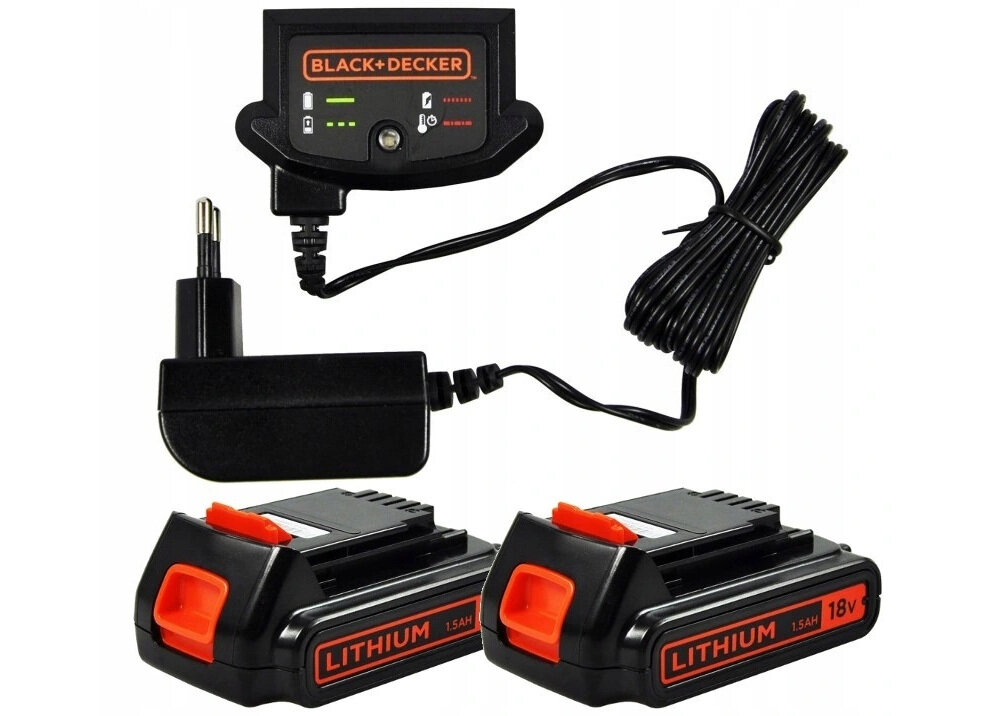 Na obrazie widoczny jest zestaw akumulatorów z ładowarką marki BLACK+DECKER. Akumulatory mają oznaczenia \'LITHIUM 1.5AH 18V\'.