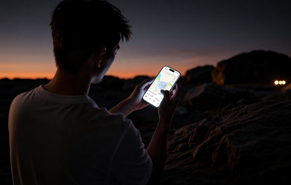 Osoba trzyma smartfon z wyświetloną mapą, stojąc na tle zachodzącego słońca i skał.