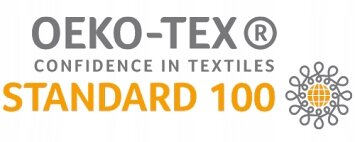 Logo OEKO-TEX® z napisem \'CONFIDENCE IN TEXTILES STANDARD 100\' oraz okrągłym wzorem z prawej strony.