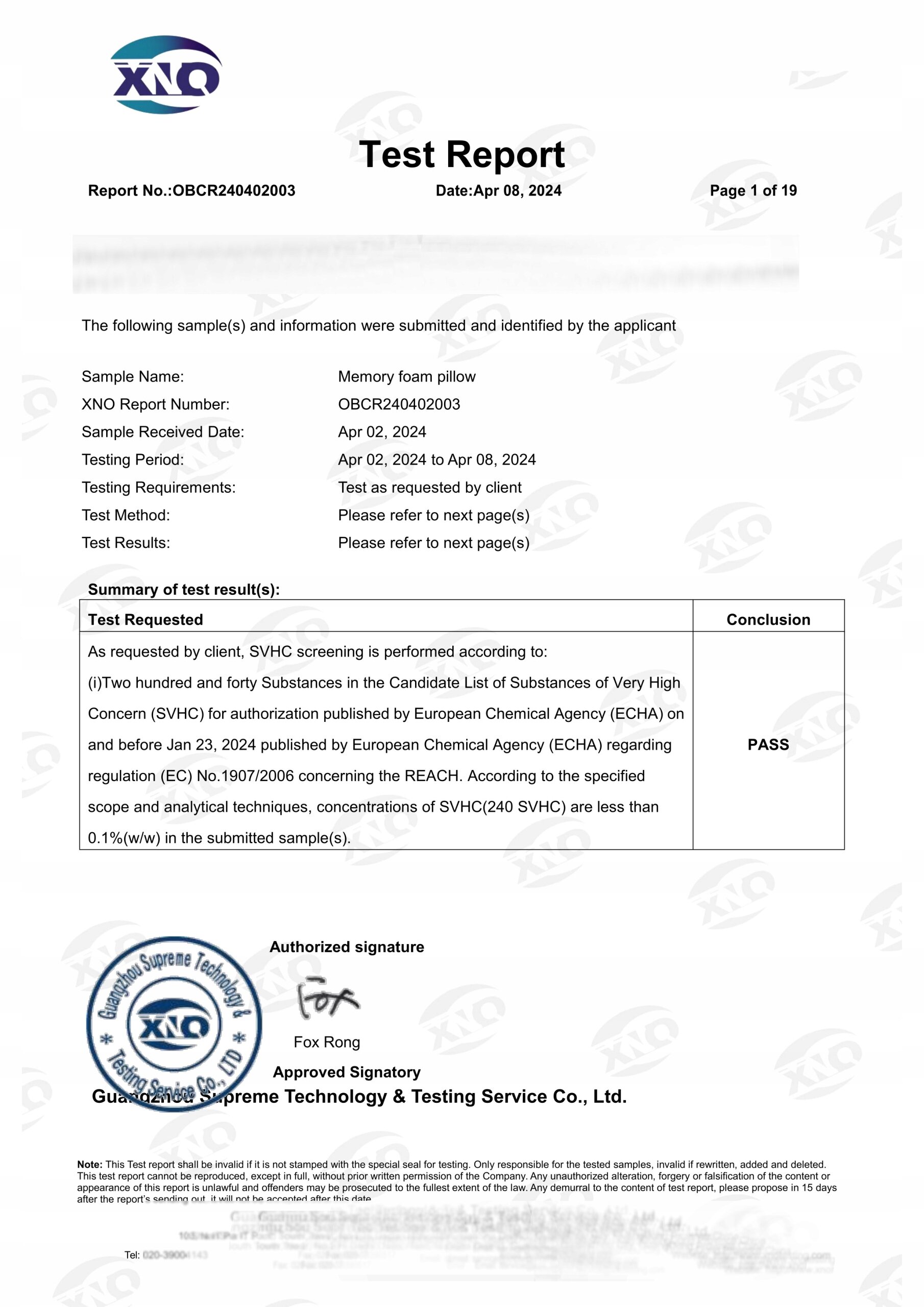 Dokument zatytułowany \'Test Report\' z logo XNQ, zawiera szczegóły dotyczące testu poduszki z pianki memory, z wynikiem \'PASS\'.