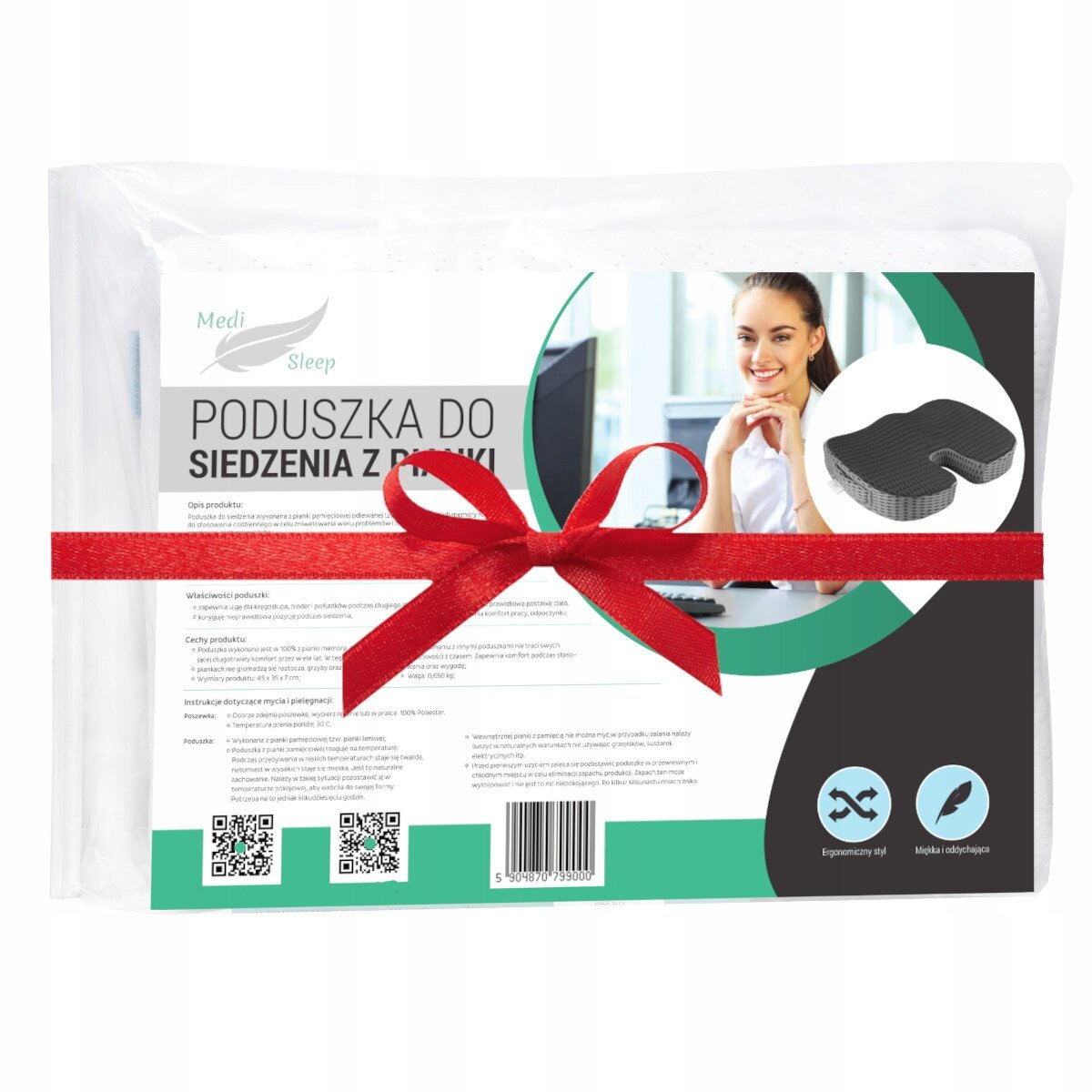 Opakowanie poduszki do siedzenia z pianki z logo \'Medi Sleep\', ozdobione czerwoną wstążką. Widoczny jest obrazek poduszki oraz fragment tekstu z opisem produktu i kodem kreskowym.
