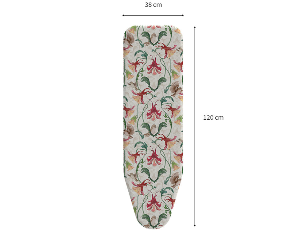 Deska do prasowania z wzorem roślinnym w kolorach zielonym, czerwonym i brązowym. Wymiary deski to 120 cm na 38 cm.