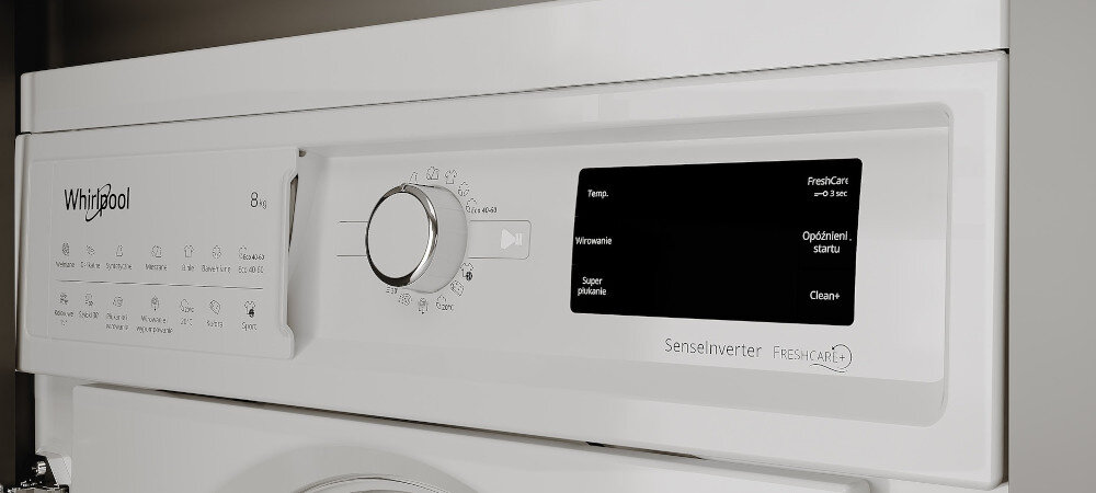 Panel sterowania pralki z logo Whirlpool, pokrętłem wyboru programów oraz wyświetlaczem z opcjami: Temp., Wirowanie, Super płukanie, FreshCare+, Opóźnienie startu, Clean+.