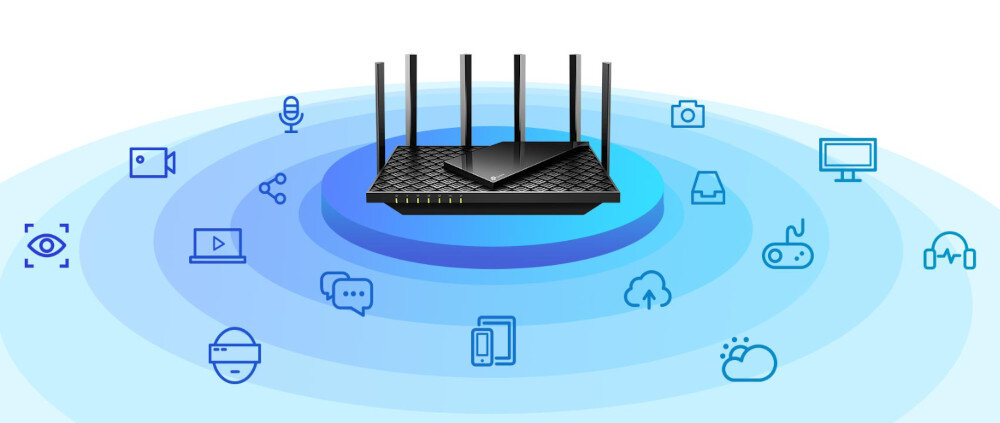 Na obrazie znajduje się czarny router z sześcioma antenami, umieszczony centralnie na tle niebieskich okręgów. Wokół routera rozmieszczone są ikony symbolizujące różne technologie, takie jak mikrofon, kamera, chmura i inne urządzenia elektroniczne.