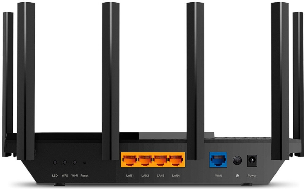 Na obrazie widoczny jest router z ośmioma pionowymi antenami. Z tyłu urządzenia znajdują się cztery pomarańczowe porty LAN, jeden niebieski port WAN oraz przyciski LED, WPS, Reset i zasilanie.