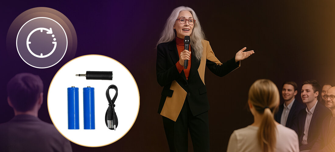 Osoba trzyma mikrofon i przemawia do publiczności. Obok widoczne są dwa niebieskie akumulatory, adapter i kabel USB na okrągłym tle.