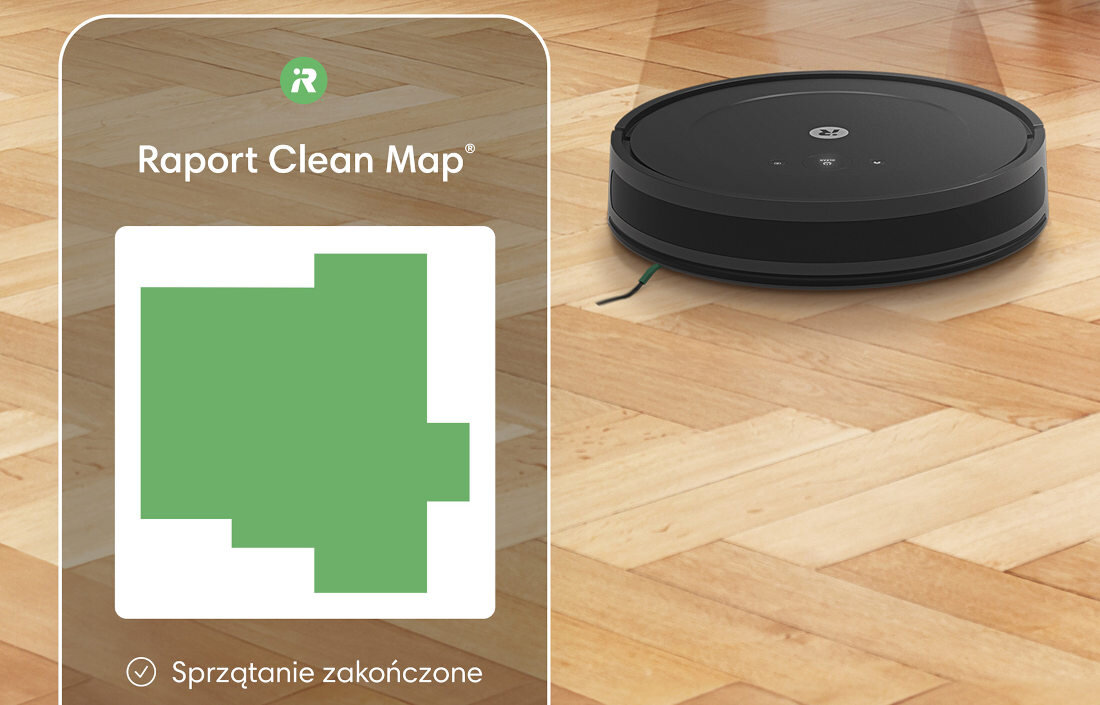 Na drewnianej podłodze znajduje się czarny robot sprzątający. Obok widoczny jest ekran z napisem \'Raport Clean Map®\' i zielonym kształtem, poniżej napis \'Sprzątanie zakończone\'.