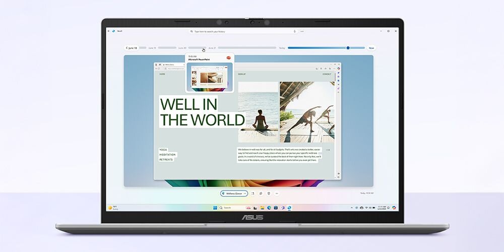 Na ekranie laptopa wyświetlona jest aplikacja z tekstem \'WELL IN THE WORLD\' oraz zdjęciem osoby siedzącej przy basenie. Na dolnej ramce laptopa widoczne jest logo \'ASUS\'.