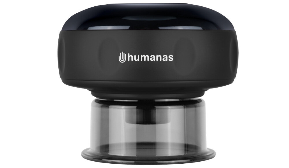 Czarny masażer ręczny z przezroczystą podstawą, na którym widnieje logo \'humanas\'.