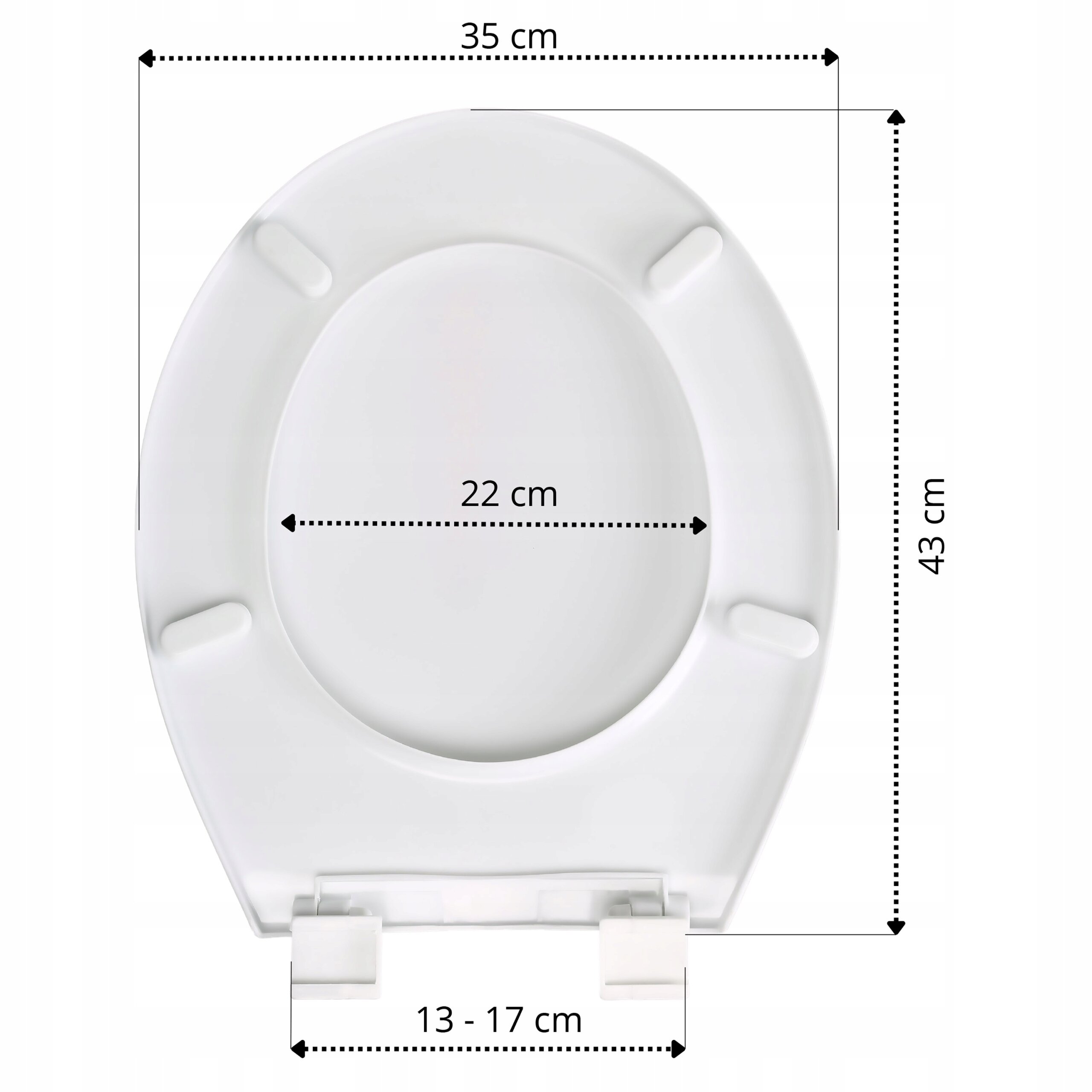 Biała, owalna deska sedesowa z polipropylenu z wymiarami: 35 cm szerokości, 43 cm długości, 22 cm szerokości wewnętrznej i regulacją mocowania od 13 do 17 cm.