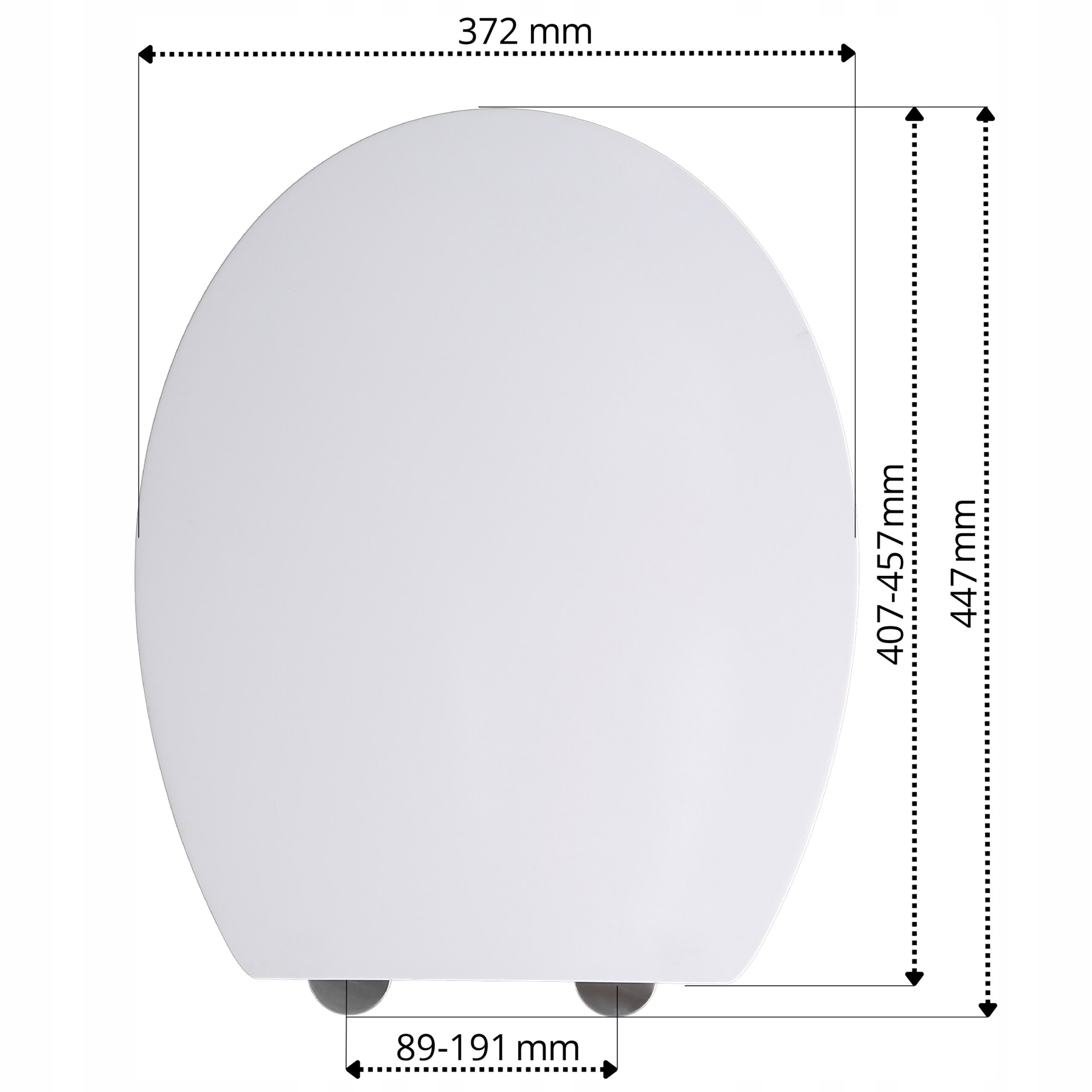 Obraz przedstawia białą deskę sedesową z wymiarami: szerokość 372 mm, wysokość 447 mm, regulacja mocowania 89-191 mm, oraz wysokość pokrywy 407-457 mm.