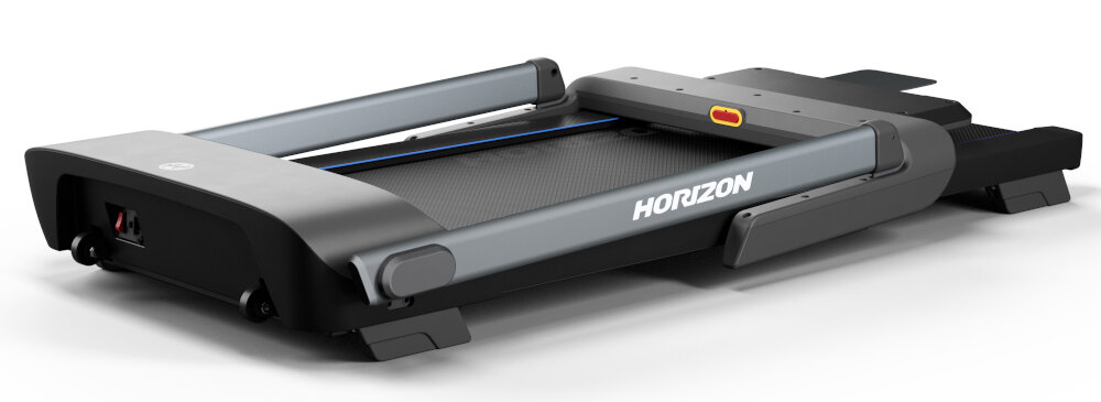 Na obrazie widoczna jest bieżnia elektryczna w pozycji złożonej, z widocznym logo \'HORIZON\' na bocznej części. Bieżnia ma nowoczesny design z elementami w kolorze czarnym i szarym.