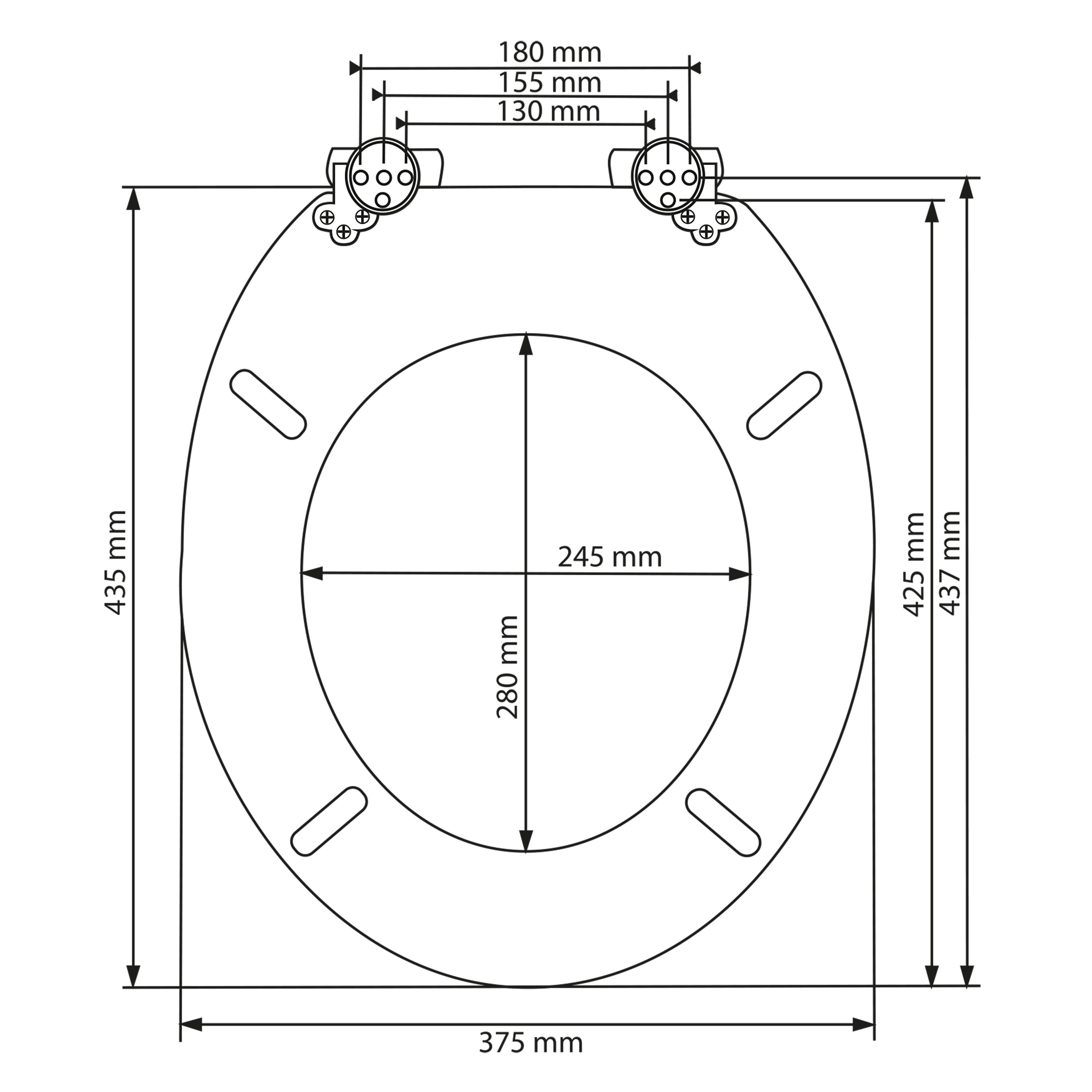 Schemat techniczny deski sedesowej z wymiarami: 435 mm długości, 375 mm szerokości, otwór wewnętrzny 245 mm na 280 mm. Widoczne są również wymiary montażowe: 180 mm, 155 mm, 130 mm.