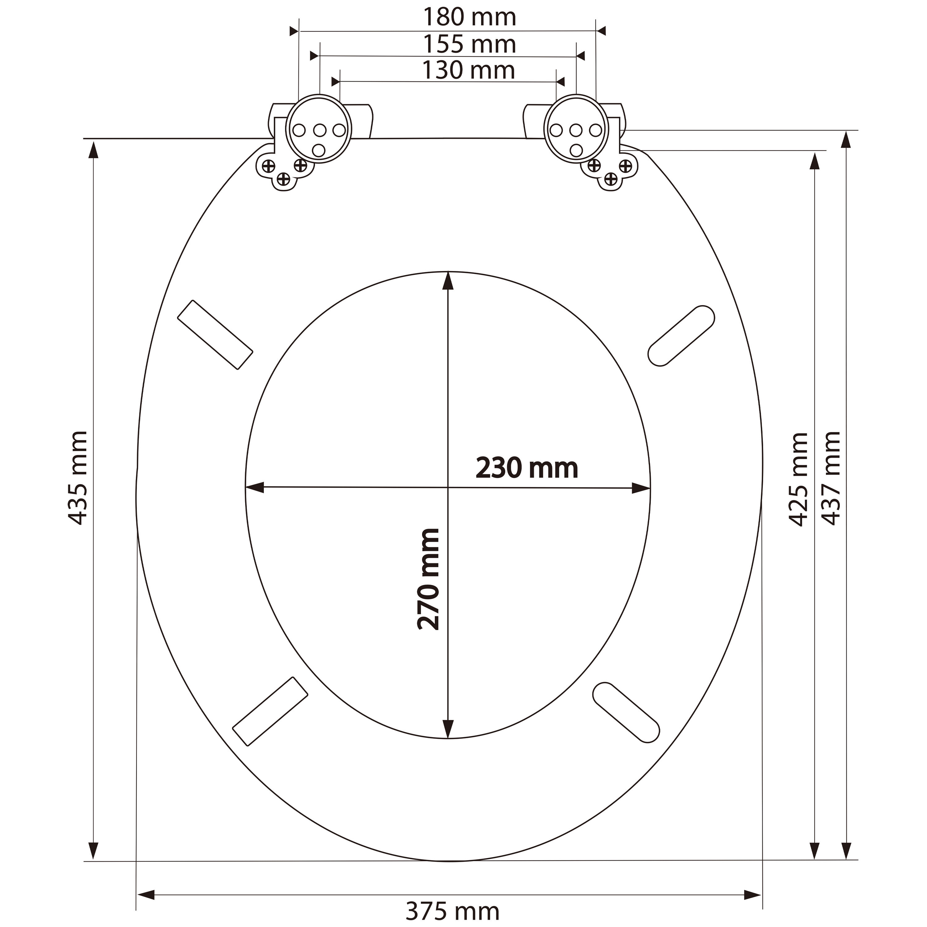 Schemat deski sedesowej z wymiarami: szerokość 375 mm, długość 435 mm, rozstaw zawiasów 130-180 mm, otwór wewnętrzny 230x270 mm.