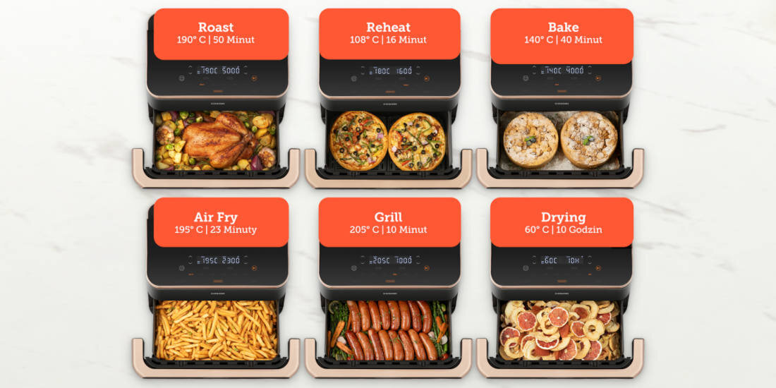 Obraz przedstawia sześć różnych trybów gotowania w urządzeniu kuchennym, z widocznymi potrawami i temperaturami: Roast 190°C 50 Minut, Reheat 108°C 16 Minut, Bake 140°C 40 Minut, Air Fry 195°C 25 Minut, Grill 205°C 10 Minut, Drying 60°C 10 Godzin. Każdy tryb pokazuje odpowiednią potrawę, jak pieczony kurczak, pizza, frytki, kiełbaski i suszone owoce.
