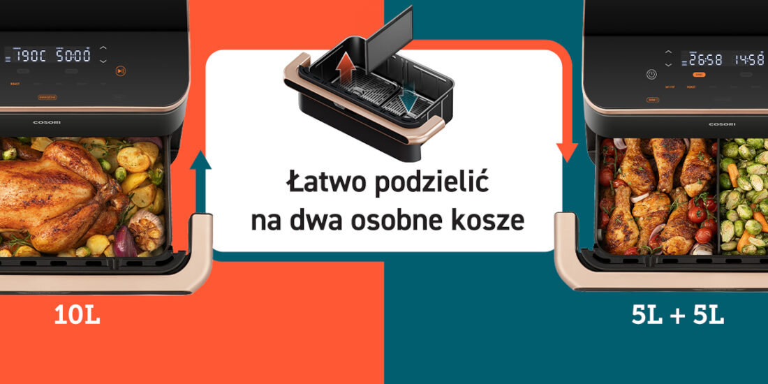 Obraz przedstawia frytkownicę beztłuszczową z funkcją dzielenia na dwa kosze, z napisem \'Łatwo podzielić na dwa osobne kosze\'. Po lewej stronie widać pieczonego kurczaka z ziemniakami, a po prawej udka z warzywami.