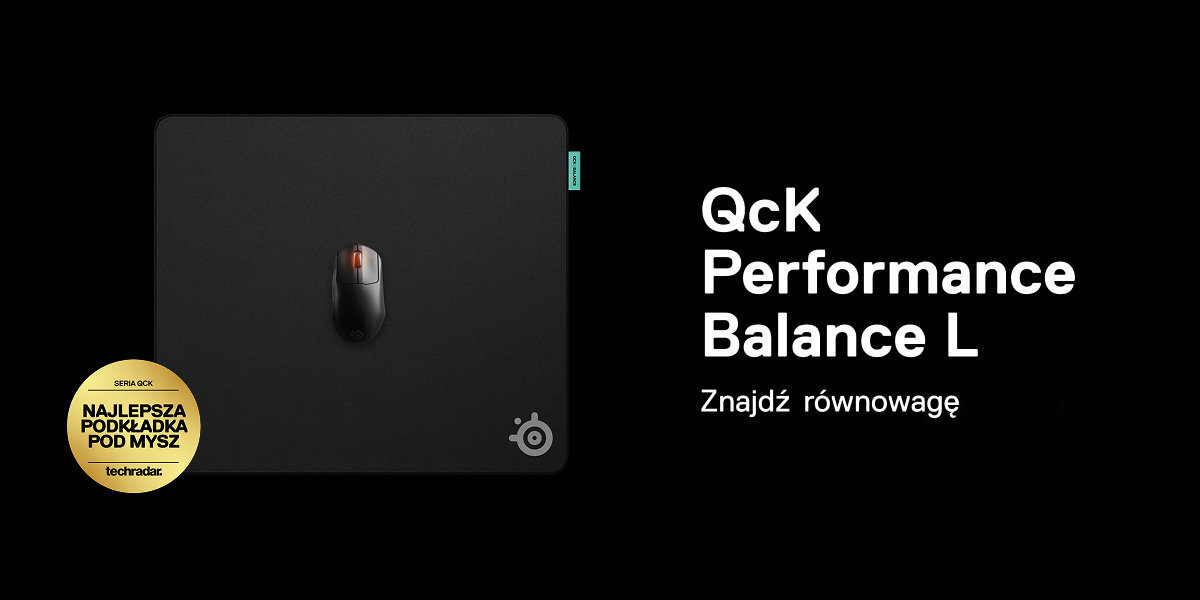 Obraz przedstawia czarną podkładkę pod mysz z myszką na niej oraz tekst: \'QCK Performance Balance L Znajdź równowagę\'. W lewym dolnym rogu znajduje się okrągły znaczek z napisem \'Najlepsza podkładka pod mysz techradar\'.