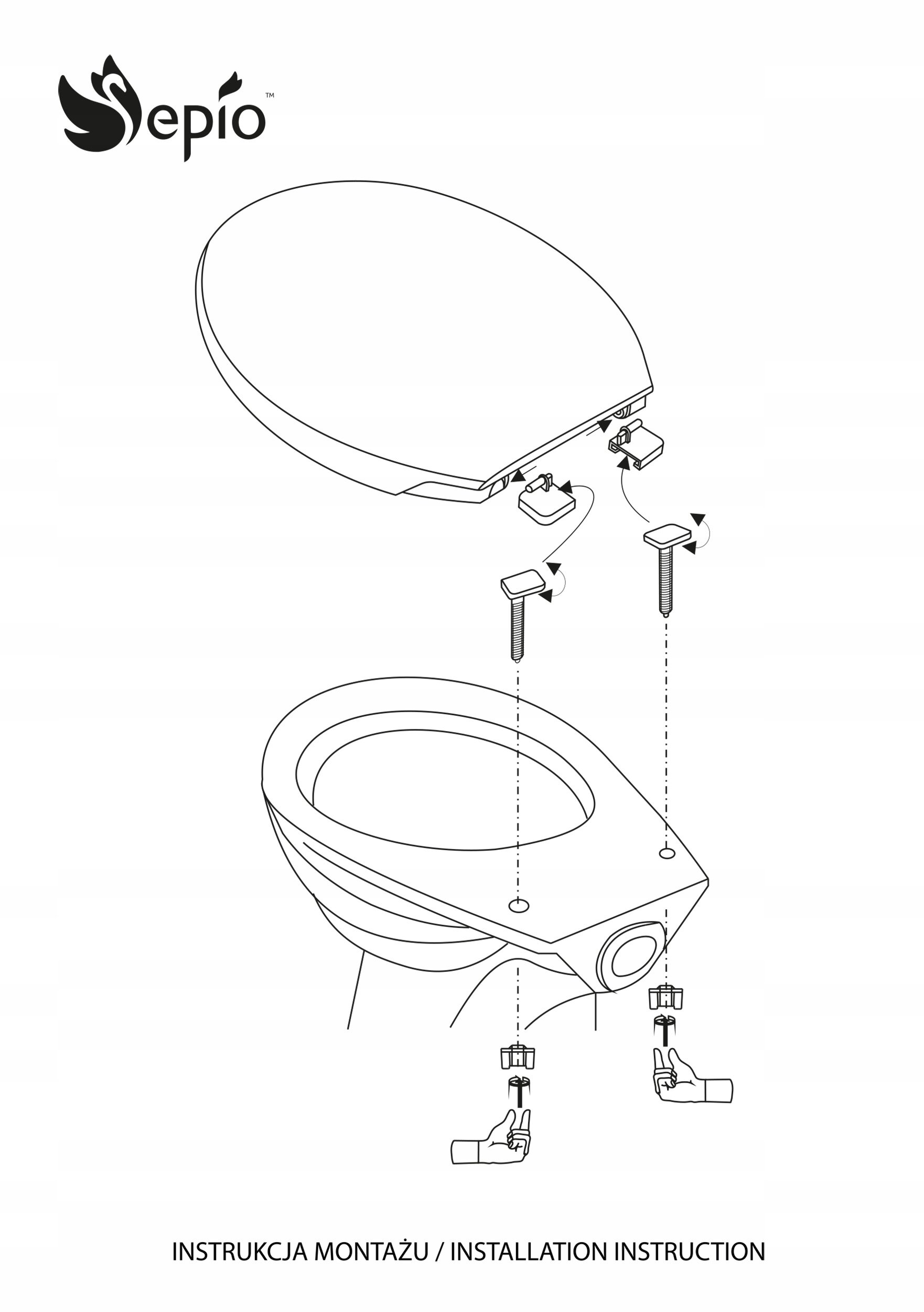 Ilustracja przedstawia schemat montażu deski sedesowej z elementami mocującymi. Widoczne jest logo \'Sepio\' oraz tekst \'INSTRUKCJA MONTAŻU / INSTALLATION INSTRUCTION\'.