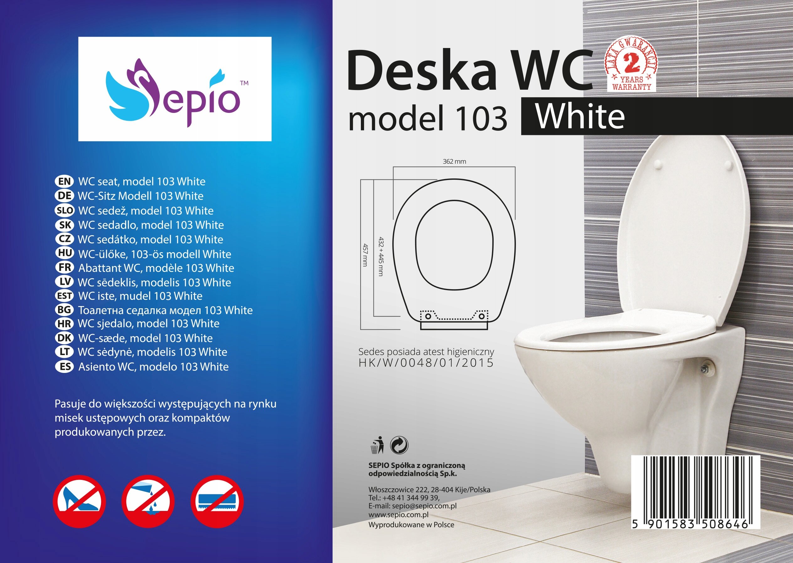 Opakowanie deski WC model 103 White marki Sepio z widocznym rysunkiem technicznym i zdjęciem produktu. Tekst informuje o atestach higienicznych i kompatybilności z większością misek ustępowych.