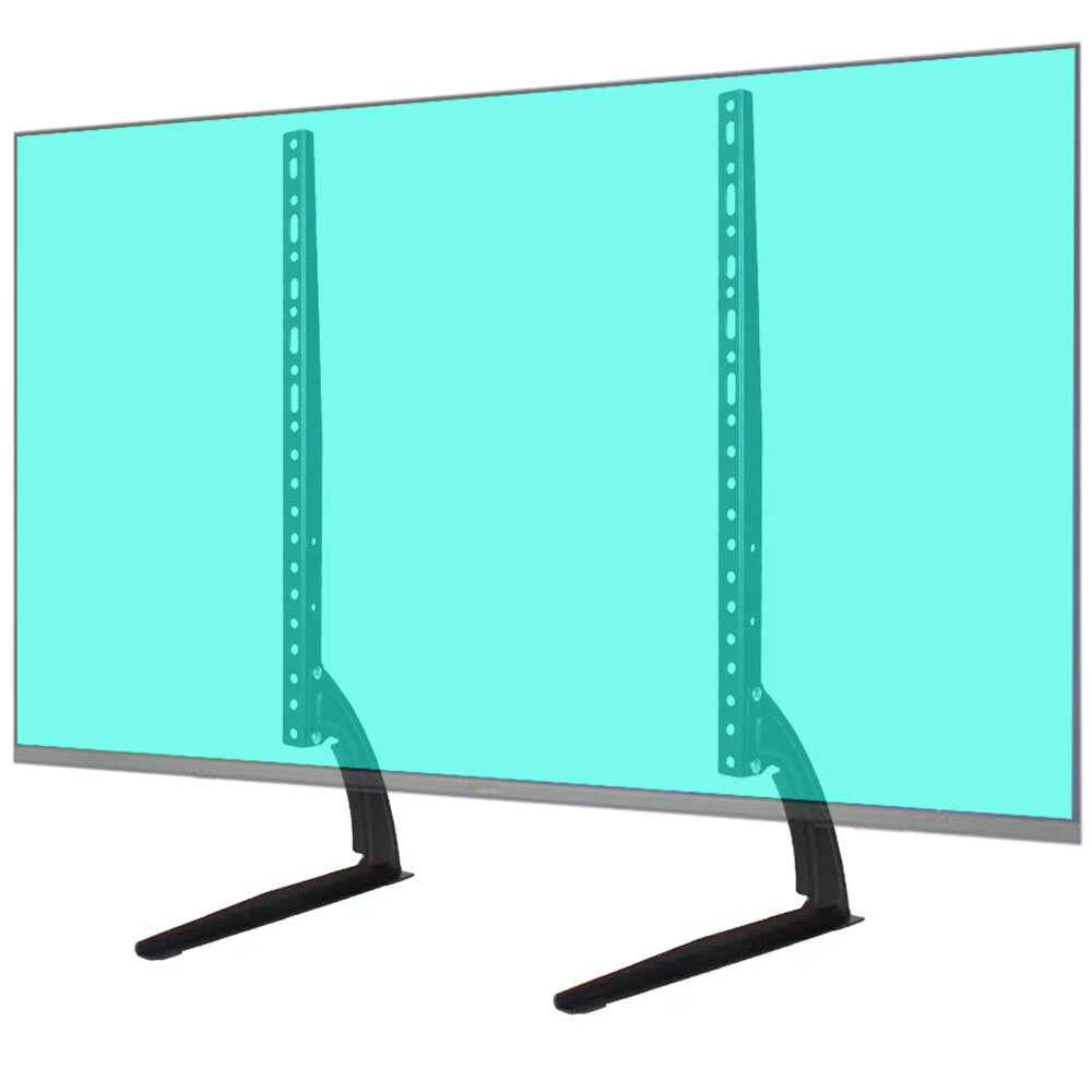 Na obrazie widoczny jest uchwyt do telewizora z dwoma pionowymi metalowymi wspornikami i podstawą w kształcie litery \'L\'. Uchwyt jest przeznaczony do montażu telewizorów o różnych rozmiarach.
