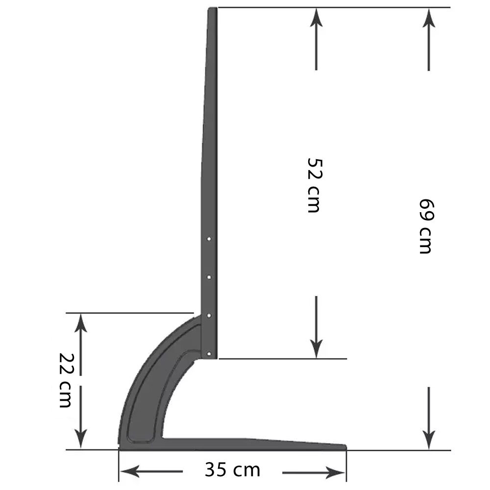 Schematyczny rysunek uchwytu do telewizora z wymiarami: wysokość 69 cm, szerokość podstawy 35 cm, wysokość podstawy 22 cm, wysokość uchwytu 52 cm.