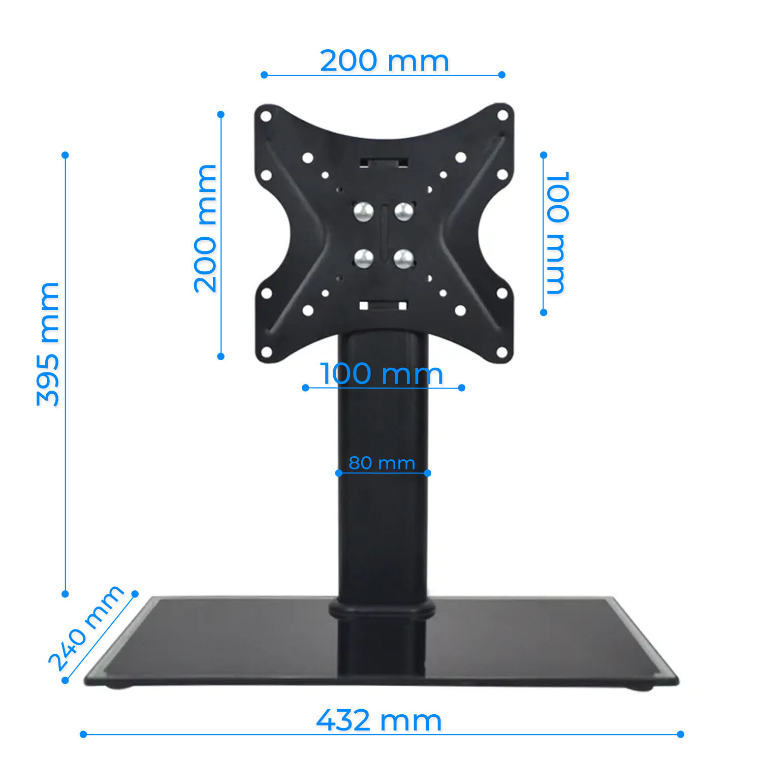 Obraz przedstawia uchwyt do telewizora z wymiarami: 200 mm x 200 mm, 100 mm x 100 mm, 80 mm szerokości podstawy, 395 mm wysokości, 240 mm głębokości i 432 mm szerokości podstawy. Uchwyt jest czarny, z metalową konstrukcją i otworami montażowymi.