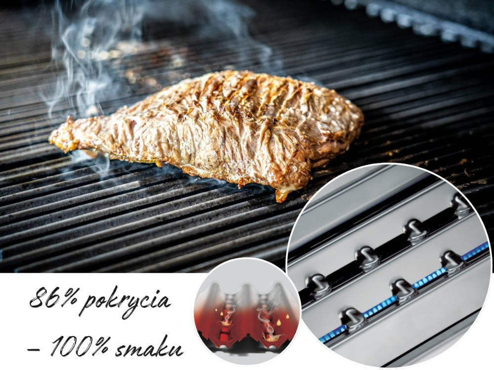 Na ruszcie grilla znajduje się kawałek mięsa, z którego unosi się para. Na dole widoczny jest tekst: \'86% pokrycia - 100% smaku\'.