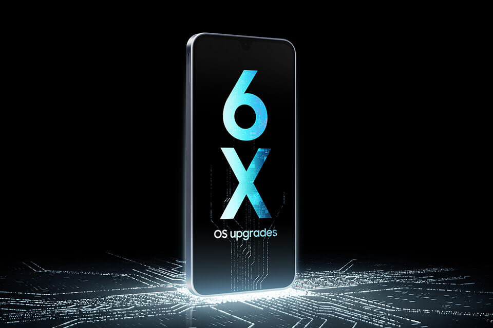 Na obrazie widoczny jest smartfon z wyświetlaczem, na którym znajduje się napis \'6X OS upgrades\'. Tło jest ciemne z jasnymi, futurystycznymi wzorami przypominającymi obwody elektroniczne.