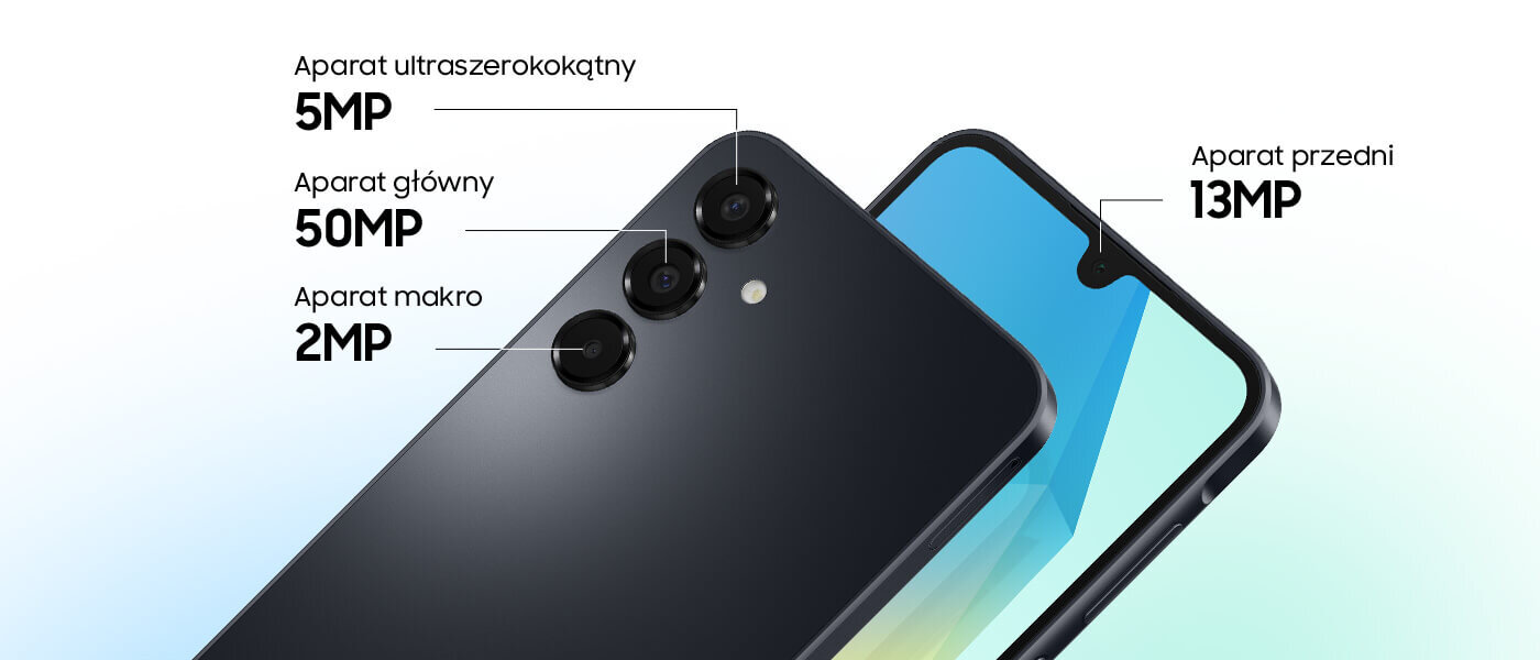 aparat główny, ultraszerokokątny, makro oraz przedni w Galaxy A16 LTE Obraz przedstawia smartfon z trzema tylnymi aparatami: ultraszerokokątny 5MP, główny 50MP i makro 2MP oraz przedni aparat 13MP. Urządzenie jest w kolorze czarnym.