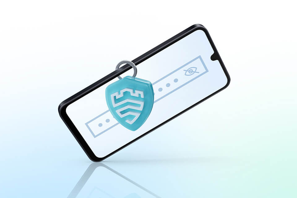 Smartfon z wyświetlaczem przedstawiającym ikonę tarczy i symbol oka, sugerujący funkcje bezpieczeństwa. Tło jest gradientowe, przechodzące od białego do niebieskiego.