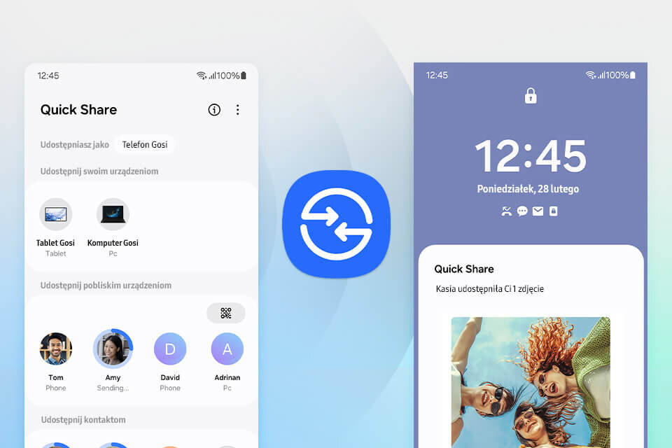 Obraz przedstawia dwa ekrany smartfona z funkcją Quick Share. Na lewym ekranie widoczne są urządzenia do udostępniania, a na prawym ekranie godzina 12:45 i informacja o udostępnieniu zdjęcia przez Kasię.