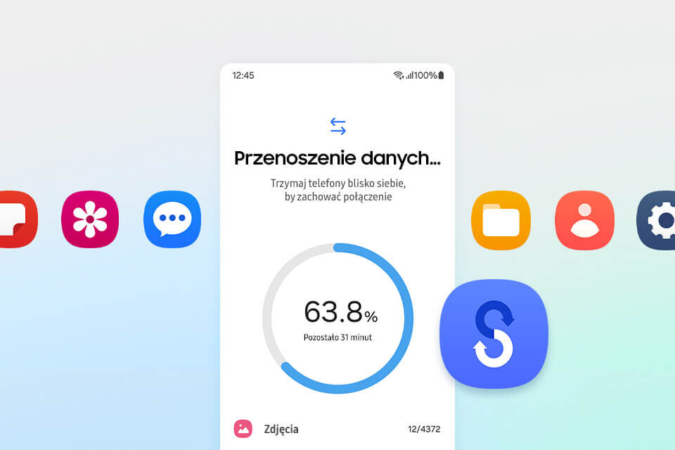 Ekran smartfona pokazuje proces przenoszenia danych z postępem 63.8% i informacją \'Pozostało 31 minut\'. Wokół ekranu widoczne są kolorowe ikony aplikacji.