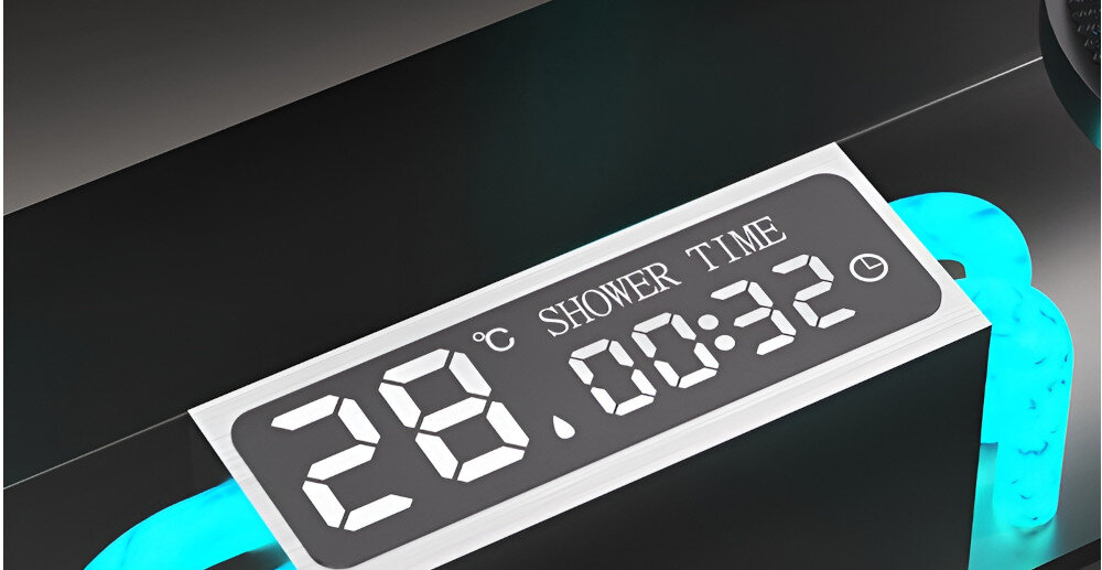 Wyświetlacz pokazuje temperaturę 28°C oraz czas \'SHOWER TIME 00:32\'.