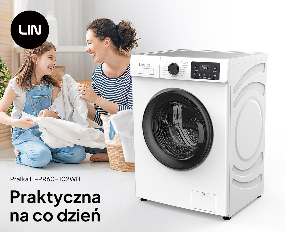 Obraz przedstawia pralkę LIN LI-PR60-102WH z funkcjami parowymi, obok której siedzą dwie osoby. Na obrazie widoczny jest tekst: \'Pralka LI-PR60-102WH Praktyczna na co dzień\'.