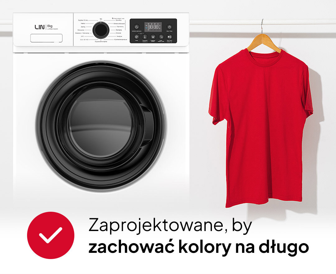 Obraz przedstawia pralkę z widocznym panelem sterowania i bębnem oraz czerwoną koszulkę na wieszaku. Na dole znajduje się tekst: \'Zaprojektowane, by zachować kolory na długo\'.