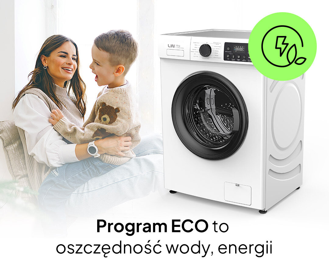 Na obrazie widoczna jest pralka z logo LIN oraz panel sterowania z pokrętłem i wyświetlaczem. Obok pralki znajduje się napis: \'Program ECO to oszczędność wody, energii\'.