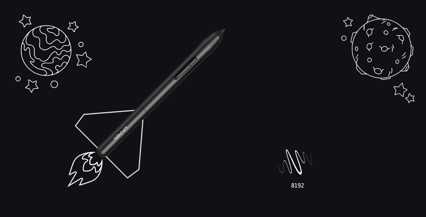 Na czarnym tle znajduje się czarny rysik graficzny z napisem \'XP-PEN\'. W tle widoczne są białe rysunki planet, gwiazd i rakiety oraz liczba \'8192\'.