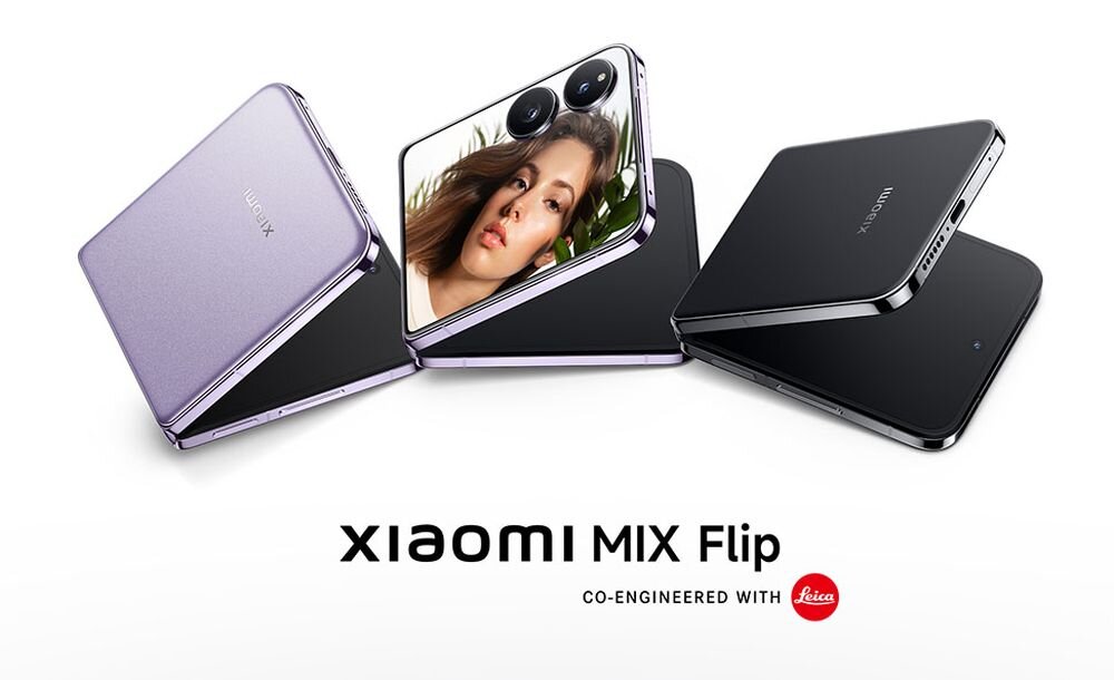 Na obrazie widoczne są trzy smartfony w różnych pozycjach, z czego jeden ma wyświetlony portret na ekranie. Na dole znajduje się napis \'XIAOMI MIX Flip\' oraz logo \'Leica\'.