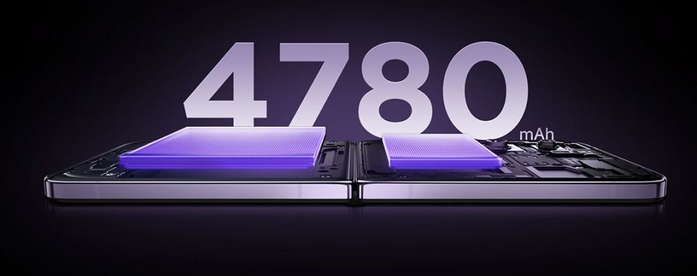 Obraz przedstawia otwarty smartfon z widocznymi komponentami wewnętrznymi, na tle którego znajduje się duży napis \'4780 mAh\'.