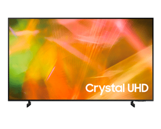 php27RjST au8002-packshot Telewizor z dużym ekranem wyświetlający kolorową grafikę z napisem \'Crystal UHD\'.