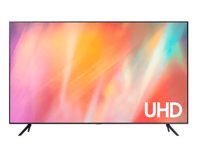 phpYIHblf au7122 Telewizor z dużym ekranem wyświetlający kolorową grafikę z napisem \'UHD\' w prawym dolnym rogu. Urządzenie stoi na dwóch nóżkach.