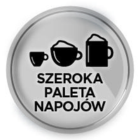 Ikona przedstawia trzy czarne sylwetki naczyń na szarym tle: filiżankę, kubek i szklankę z pianką. Poniżej znajduje się tekst: \'SZEROKA PALETA NAPOJÓW\'.
