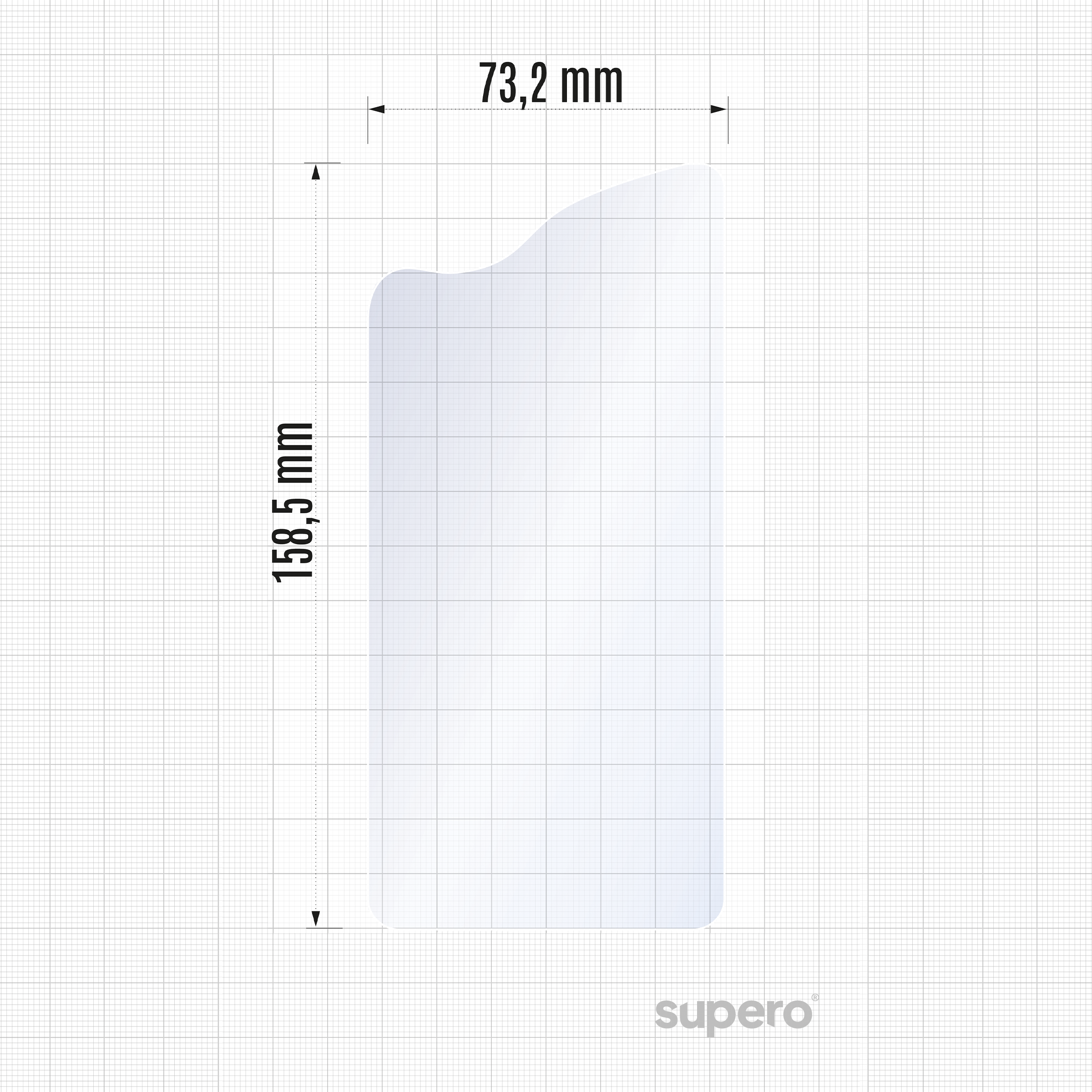 Obraz przedstawia przezroczystą folię o wymiarach 73,2 mm na 158,5 mm na tle siatki. W prawym dolnym rogu widoczne jest logo \'supero\'.